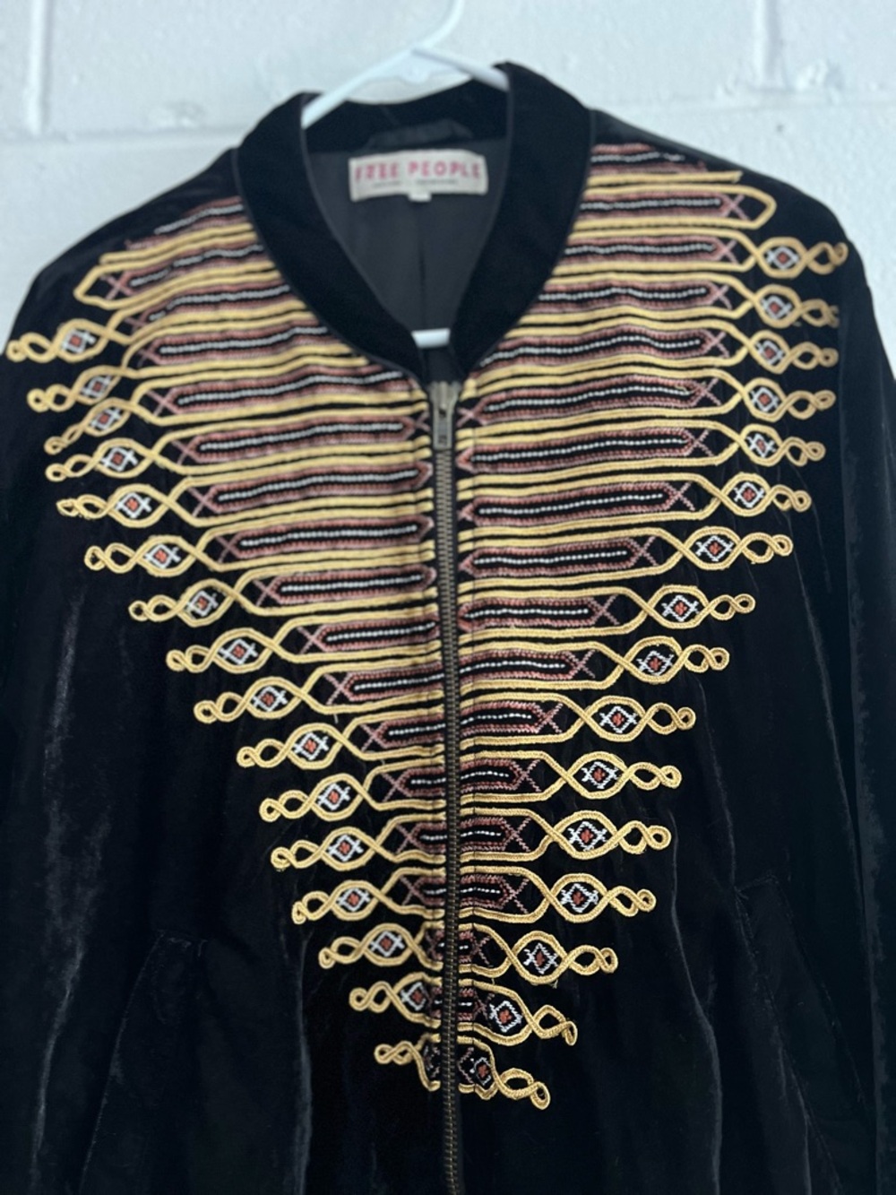 Free People Black Velvet Embroidered Bomber Jacket size XL Boho